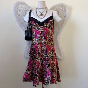 Girly Grunge Leopard Rose Lace Trim Slip Dress Mini Feminine Dopamine Y2K